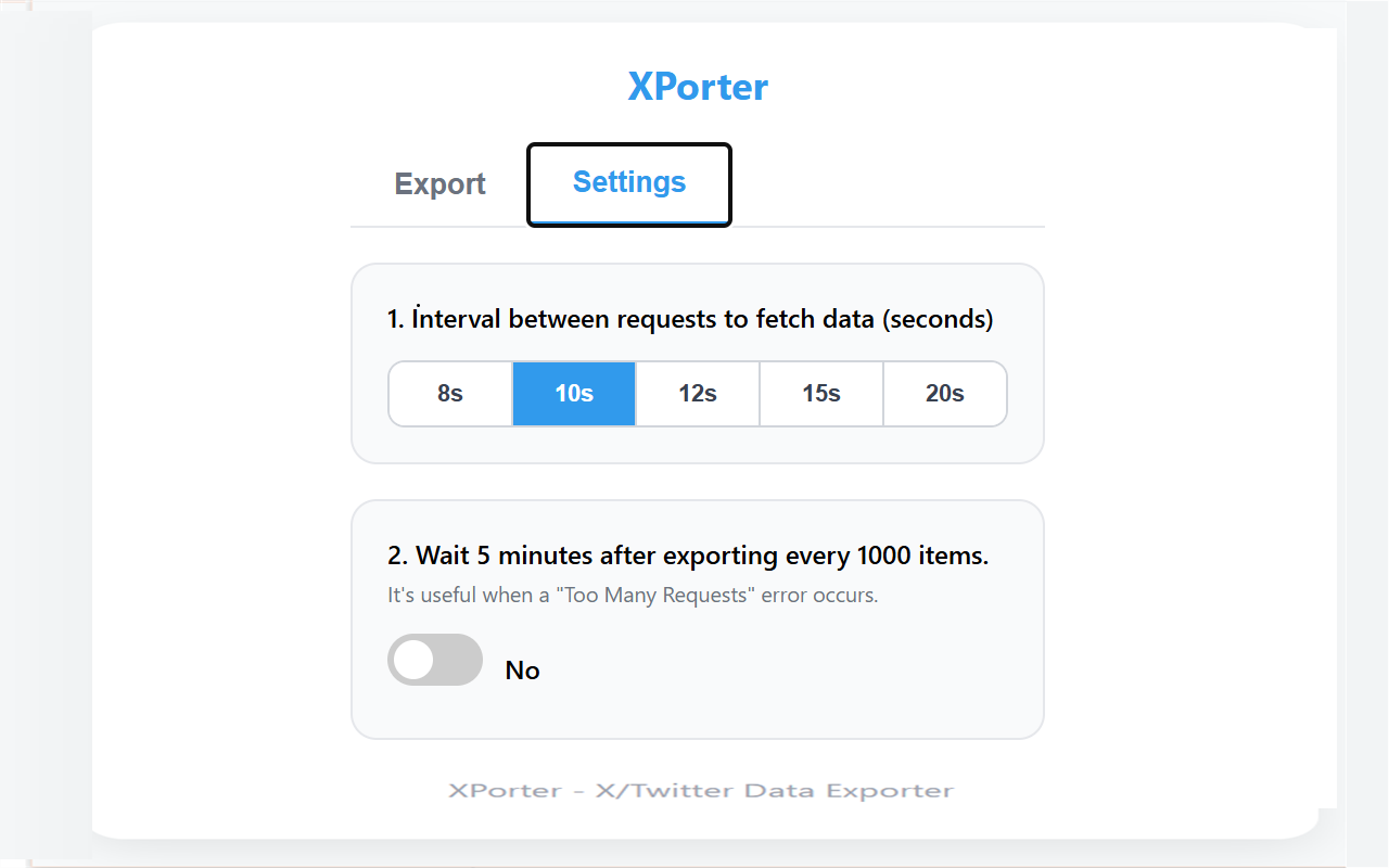 XTract settings panel — request interval and auto-pause options