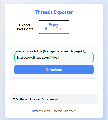 Threads Exporter extension popup showing export home feed interface