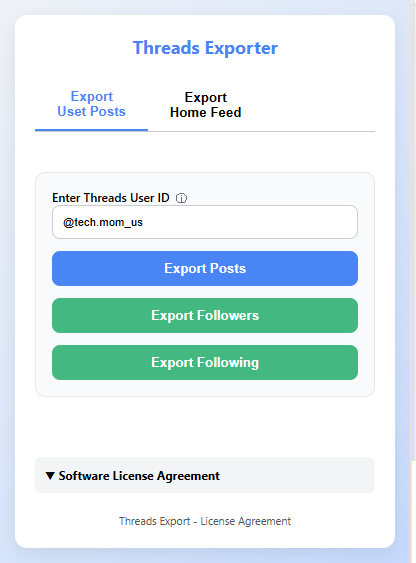 Threads Exporter extension popup showing export user posts interface